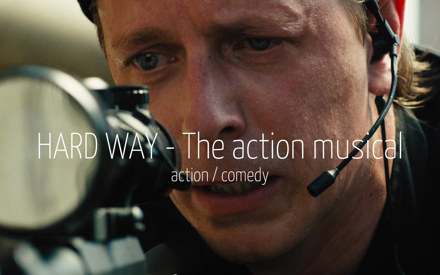 Scandinavian actor Fredrik Wagner as sniper in action comedy film Hard Way - The Action Musical